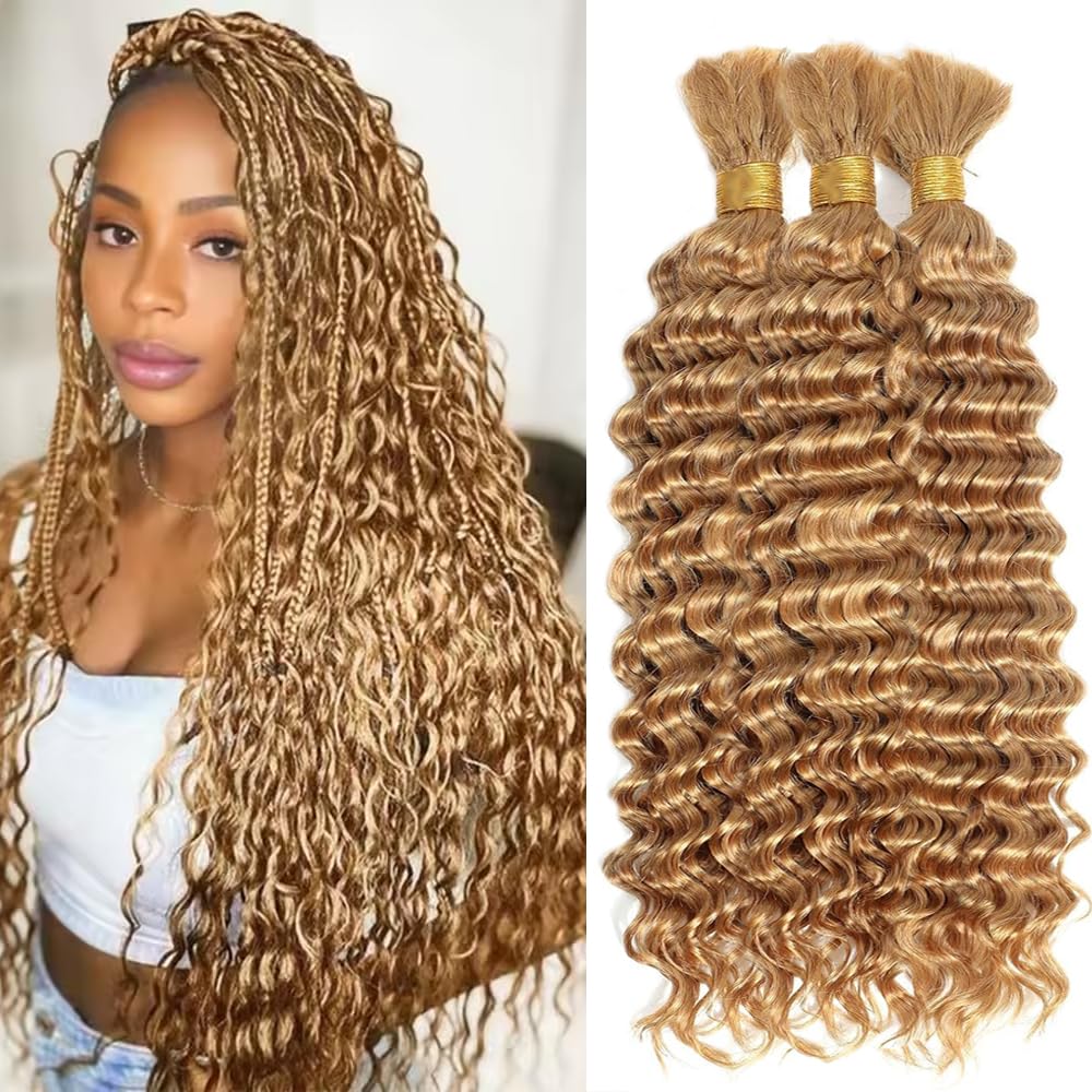 #27 Blonde Human Braiding Hair for Boho Braids 150g 3 Bundles 30 30 30 Inch Honey Blonde Deep Wave Bulk Hair No Weft #27 Curly Human Hair Extensions for Braids Wet and Wavy Braid