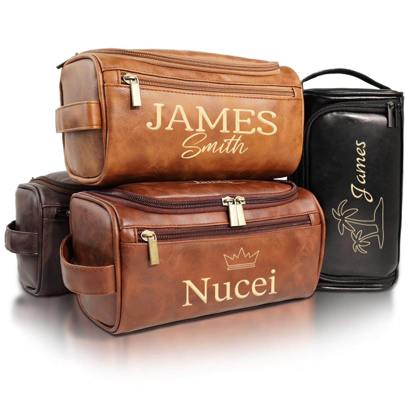 PUREFLY Mens Toiletry Travel Bag Personalized, Custom Leather Toiletries Shaving Bag, Ideas Gifts for Birthday, Anniversary, Groomsmen, Graduation, Christmas, Engraved with Pattern and Text