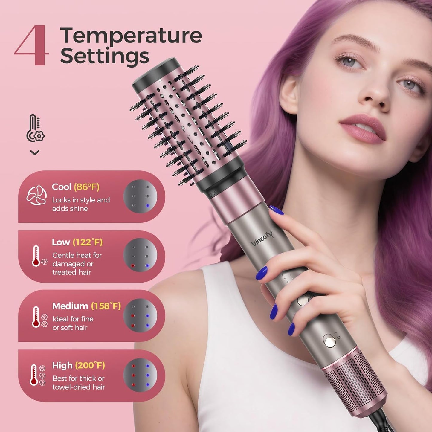 Vincofy 7-in-1 Hair Dryer Brush - Fast Drying, Curling & Volumizing | 1500W Motor, Pink