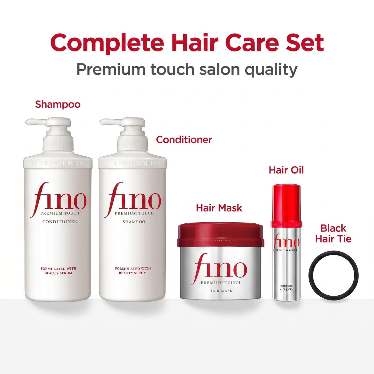 TJ SIGNATURE Fino Premium Touch Complete Hair Spa Set - Shampoo (550ml), Conditioner (550ml), Mask (230g) & Hair Oil (70ml) 5-Piece J-Beauty System for Damaged Hair - Bonus Branded Hair Tie Included