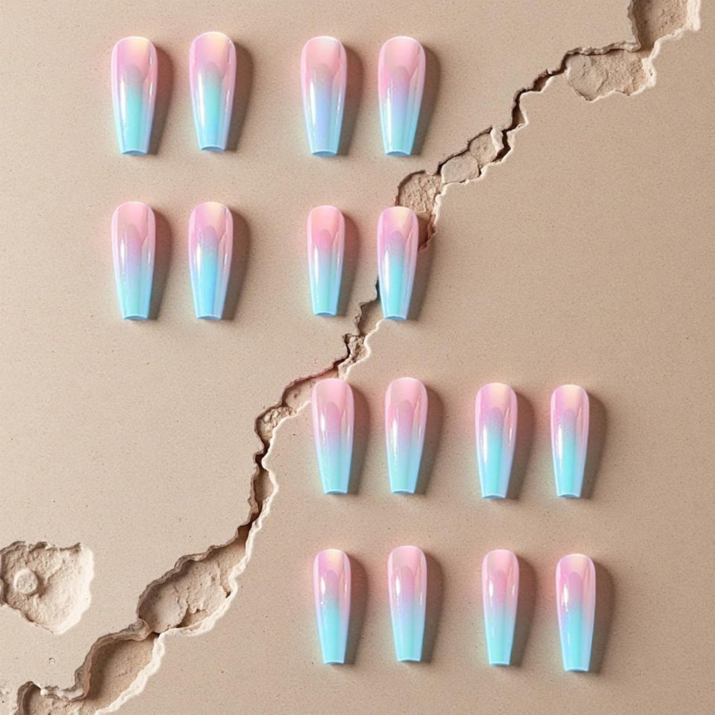 Press On Nails - Pink Blue Gradient Long Coffin Glossy Acrylic | 24 Pcs Reusable Full Cover for Summer Beach Wear