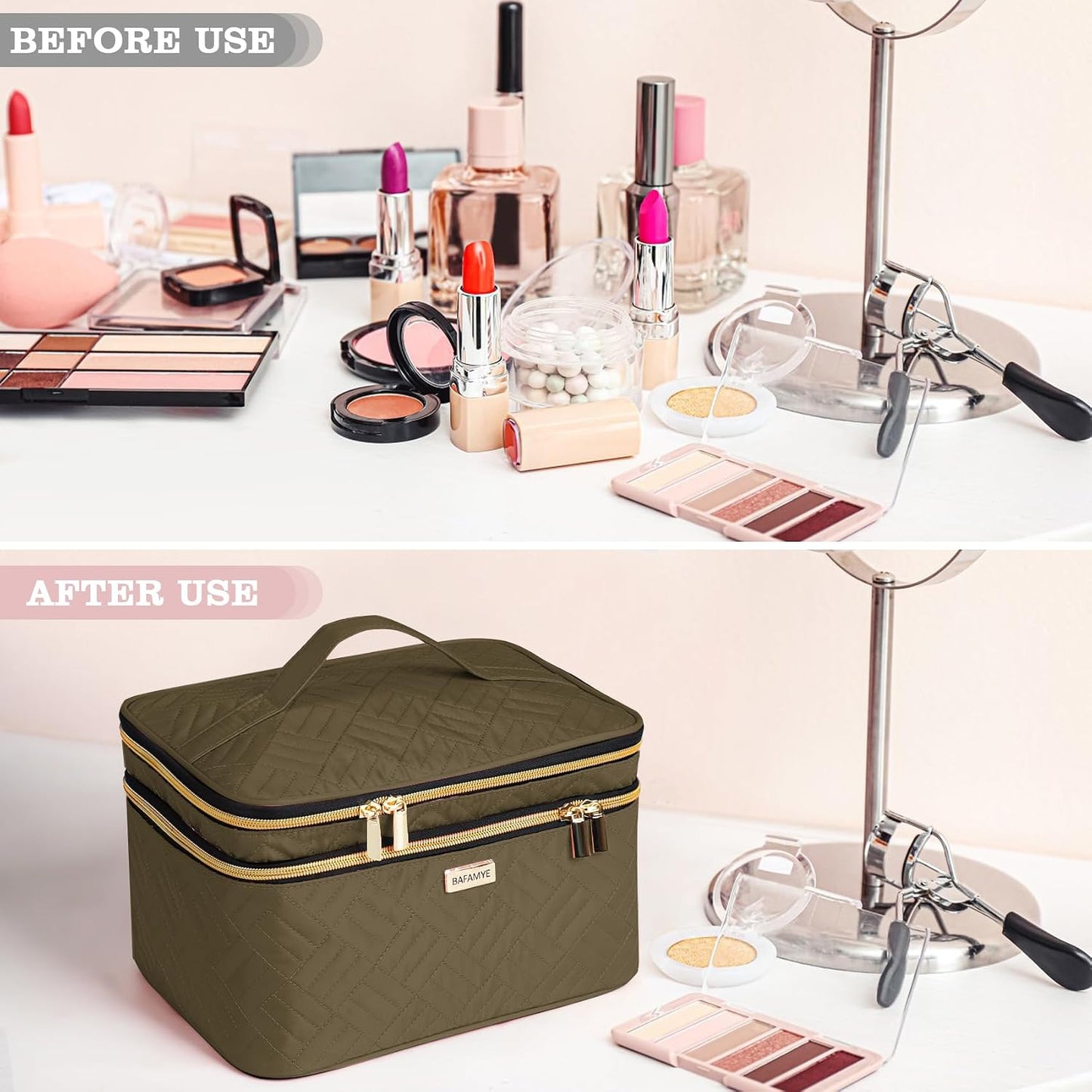 Double Layer Travel Makeup Bag With Mirror - 8.8L Large Cosmetic Organizer for Women | Brown