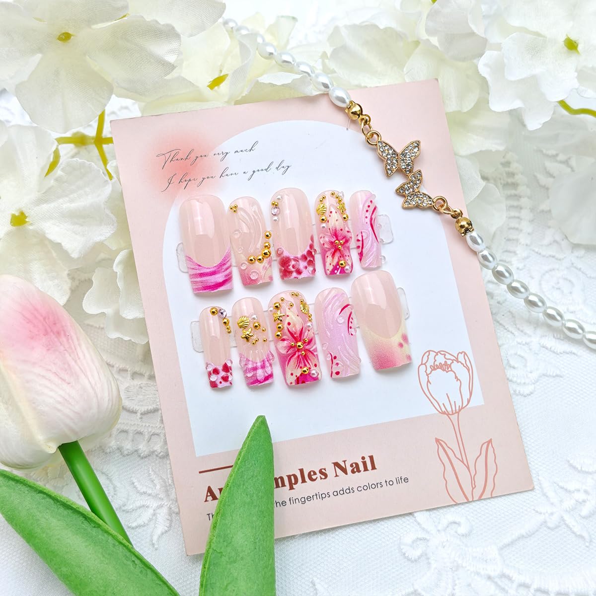 24Pcs Summer Starfish Press on Nails Long Square Fake Nails 3D Pink Floral with Gold Rhinestones Cute Design Ocean Beach Glue on Nails Acrylic French Tip False Nails Stick on Nail for Women Manicure