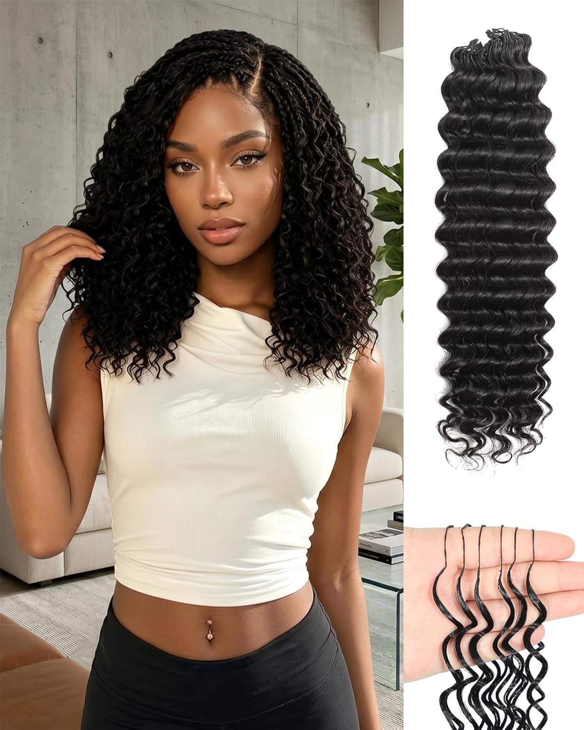 Deep Wave Crochet Hair Extensions - 18 Inch Lightweight Human Hair | 50 Strands Natural Black for Women