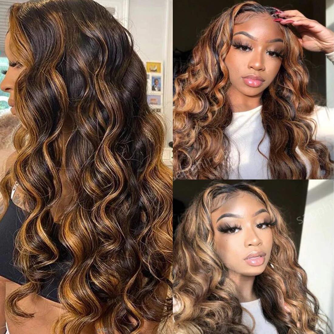 UNice Brown Highlight Body Wave Human Hair Weave 3 Bundles 14 16 18 inch, Brazilian Remy Hair Ombre Blonde Human Hair Wavy Weaves Sew in Piano Color TFB30