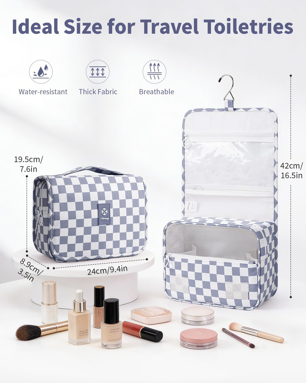 Narwey Small Hanging Travel Toiletry Bag - Checkered Makeup Organizer for Women | Grayish Blue Checkerboard