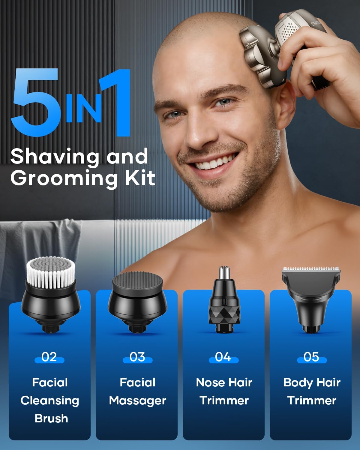 7D Head Shaver for Bald Men - 5-in-1 Waterproof Electric Razor | LED Display, Type-C Charge, Gunmetal