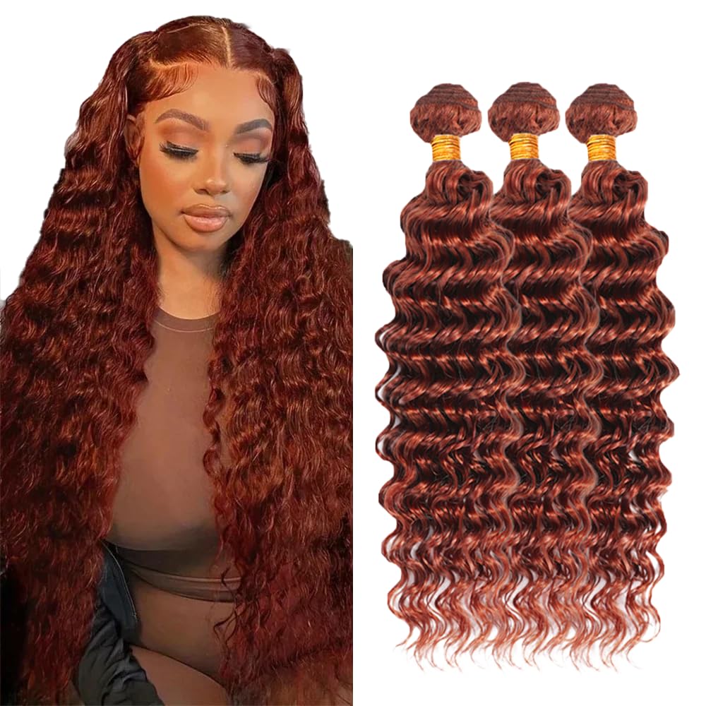 Huxowax #33 Reddish Brown Deep Wave Human Hair Extensions 24 26 28 Inch Doubles Weft Weave 3 Bundles Total 300g Unprocessed Human Hair Bundles Copper Red Color