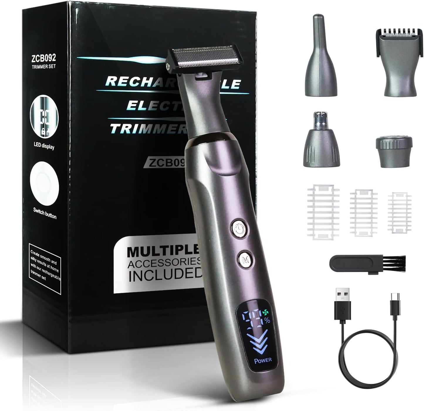 Men's Back Shaver - Rechargeable LED Display Trimmer | IPX7 Waterproof, Safety Lock, Ink Black