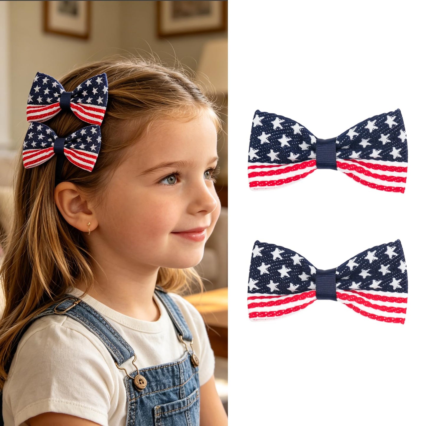 XIELIME 4th of July Patriotic Hair Bows for Girls American Flag Hair Clips Red White Blue Bowknot Barrettes USA Hairpin for Independence Day Hair Accessories Outfit Gift 2Pcs