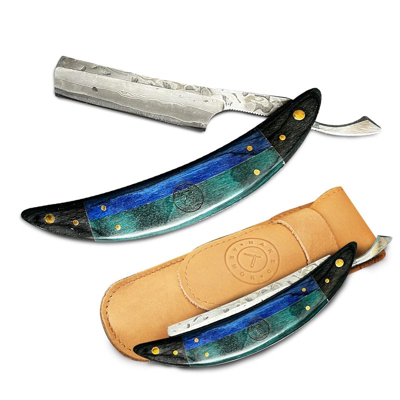 Naked Armor Esclabor Damascus Straight Razor - Shave Ready 7/8" Square Nose Damascus Steel Straight Razors for Men with Ebony Wood Scale, Case Included, Close Shave
