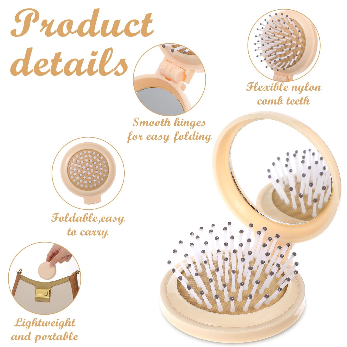 Mini Brush with Mirror Hair Brush with Mirror Travel Hair Brush with Small Mirror Mini Hair Brush and Mirror Combo Round Mini Compact Massage Comb for Purse (Beige)