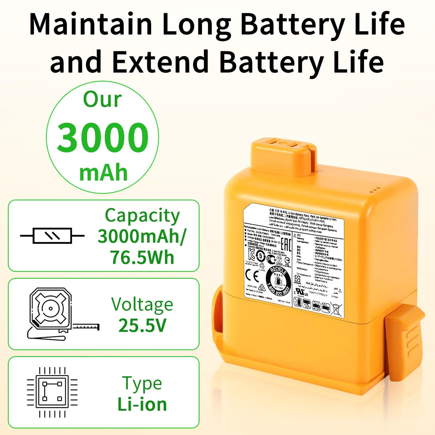 XCZHEUNP 3000mAh Replacement Battery for LG CordZero A9 Series, Compatible with A9S A9N A9M A9MAX A9MULTI A958 A958S A958SA A905M A907GMS A905RM A908MVR A927 A929KVM A916 0427, Part No. EAC63382208