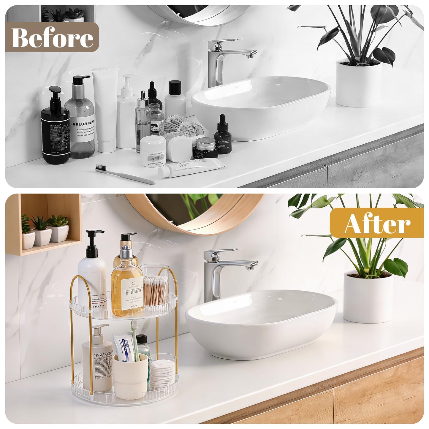 360° Rotating Makeup Organizer 2 Tier Large Capacity Perfume Skincare Tray for Dresser Spinning Bathroom Counter Organizer for Vanity Lazy Susan Turntable Storage for Kitchen, Clear