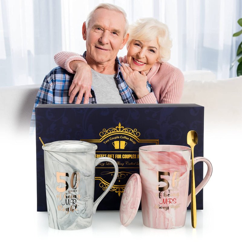 Sovyime 50 Years of Being Mr Right and Mrs Always Right Wedding Marriage Anniversary Cup for Couple Ceramic Marble Coffee Mugs - 14 Oz (50th Anniversary)