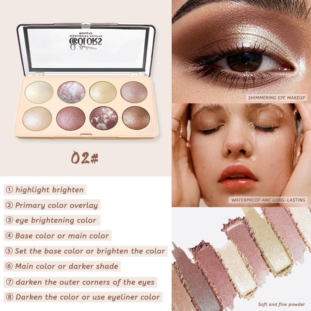 Warm Brown Gold Matte Shimmer Baked Eyeshadow Palette, 8 Color High Pigment Blendable Eye Shadow Makeup for Older Women, Travel Size Multi-Use Glam Look Vegan Cruelty-Free Sombras para 0jos 02#