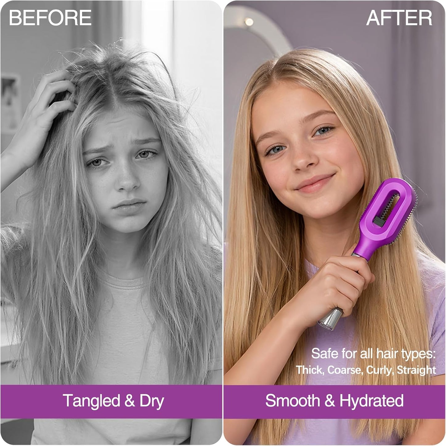 Detangling Hair Brush with Water Spray - 2-in-1 Anti-Static Tool for Curly Hair | Reduces Breakage & Frizz, Purple