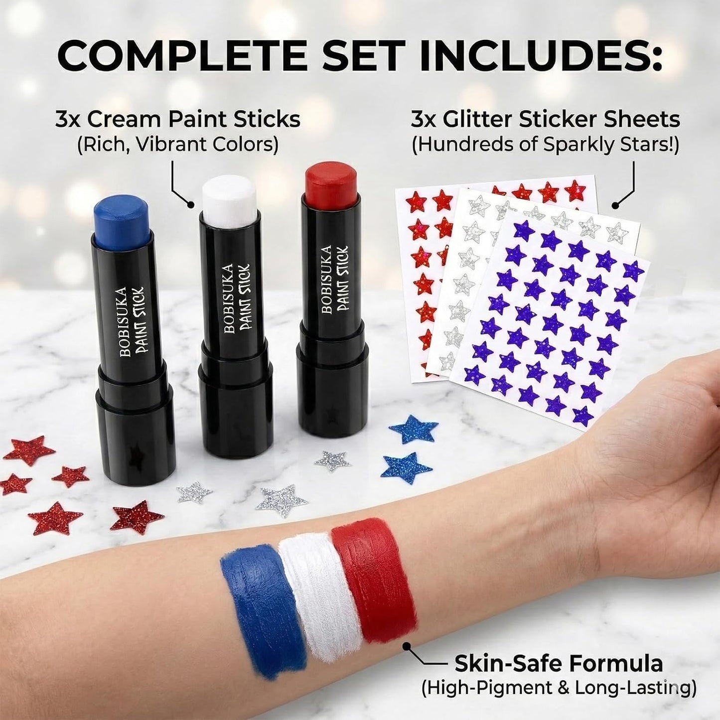 Face Paint Stick Set - Red, White & Blue Cream Makeup for Kids & Adults | 3 Glitter Star Stickers for 4th of July Events