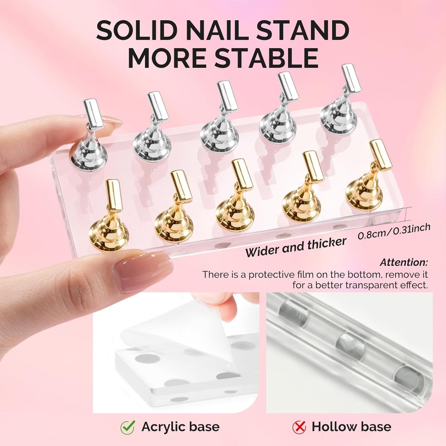 Nail Stand for Press Ons - Big Transparent Acrylic Base with Brush Holder & 100 Pcs Reusable Double-Sided Tape | DIY Salon Supplies