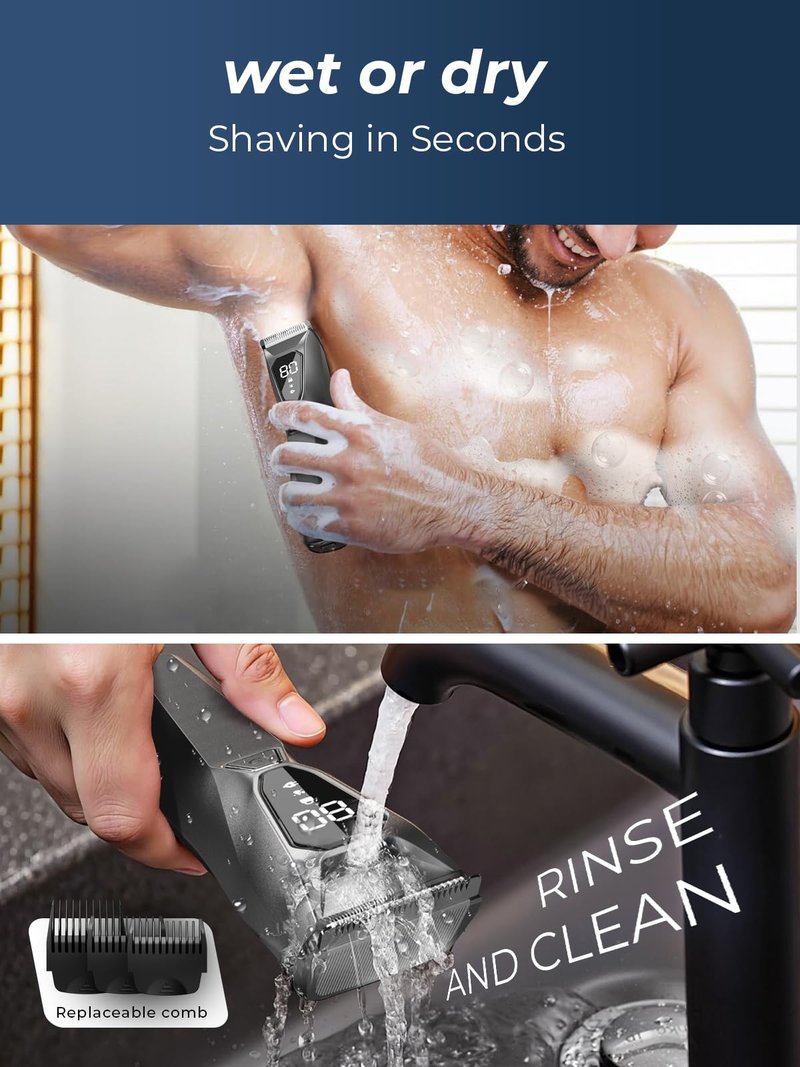 Lijecozy Pubic Hair Trimmer for Man - Cordless Body Hair Trimmer for Men - Electric Ball Shaver with Display & Light - Waterproof Wet/Dry Groomer kit for Groin - 4000K Light - Cosmic Black