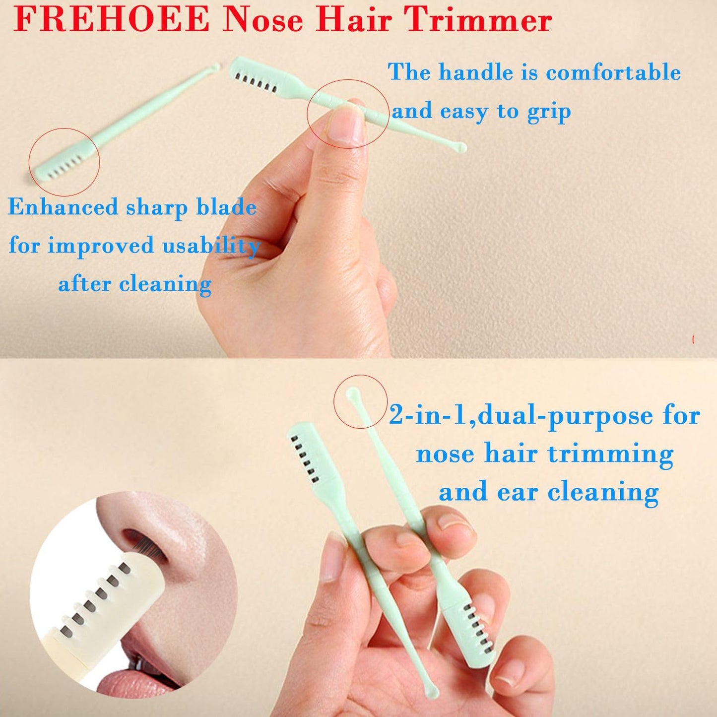 FREHOMEE Manual Nose Hair Trimmer for Man & Woman,Trimmer for Nose,Ear,Moustache Hair,Waterproof,Stainless Steel with Brush,Nasal Clippers (Green, 3 Pcs)