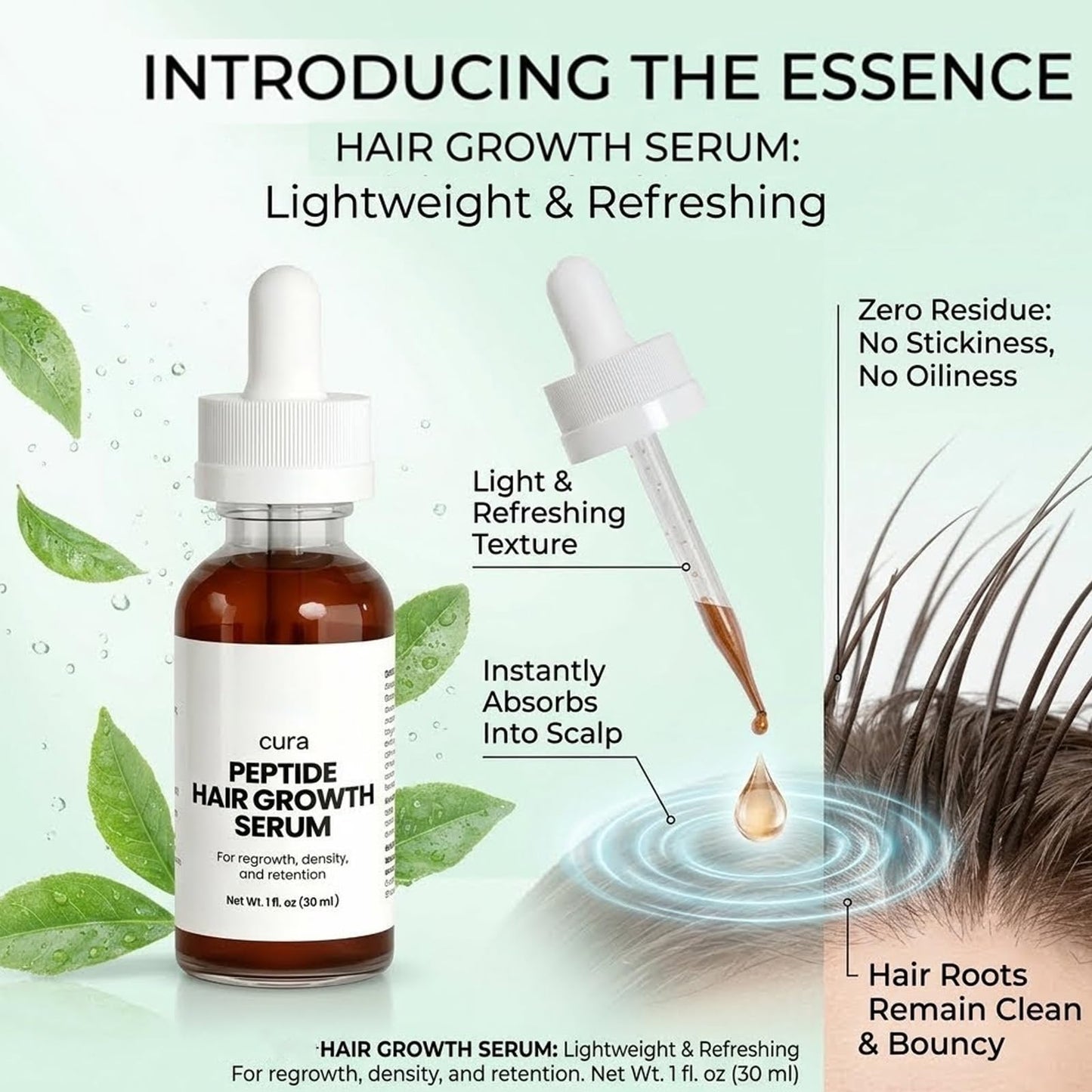 Cura Peptide Hair Growth Serum, Revitalize for Thicker Hair, Hair Growth Serum - Refreshing and Non-Greasy