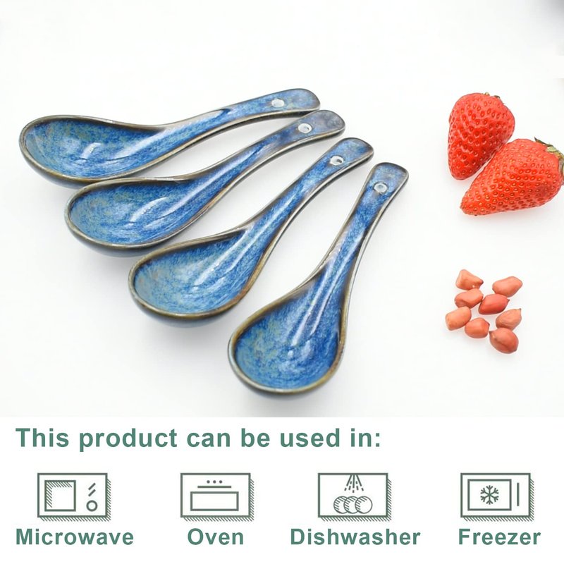 Pinkind 4 Pieces Soup Spoon Set, Asian Soup Spoon, Long Handle Ceramic Soup Spoons, Retro Blue Ramen Bowl Soup Spoon Suitable for Soup, Dumplings, Cake, Gravy, Oatmeal