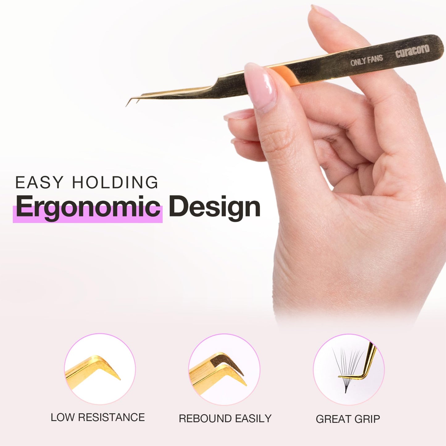 Curacoro Lash Tweezer - Professional & Precision Fiber Tip Grip Lash Tweezers for Eyelash Extensions, Multi Shapes & Purposes Tweezers for Volume, Isolation & Classic Lashes (Gold, Give Me the D)