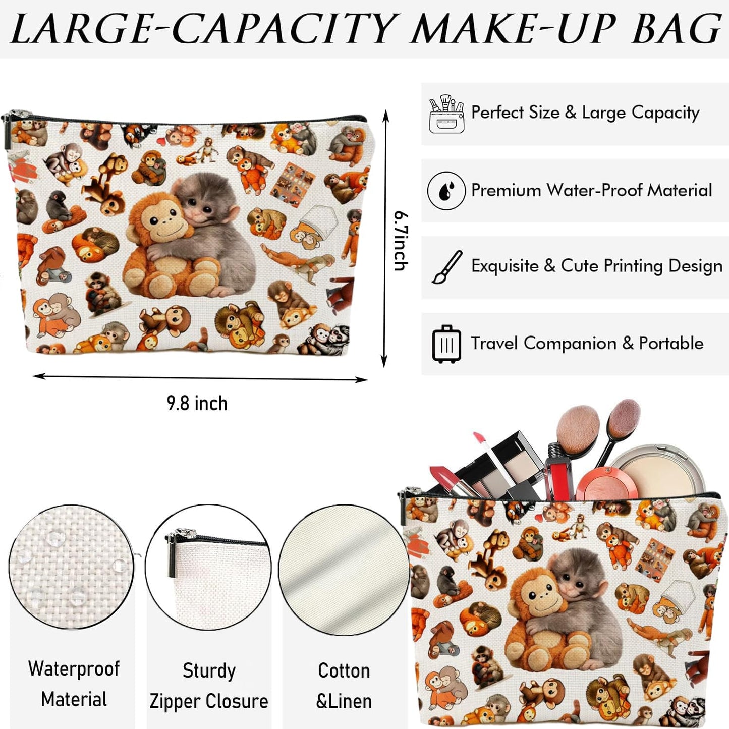 NONETH Punch Monkey Makeup Bag for Women, Funny Cosmetic Bag & Travel Toiletry Pouch, Viral Meme Makeup Pouch for Best Friend, Mom