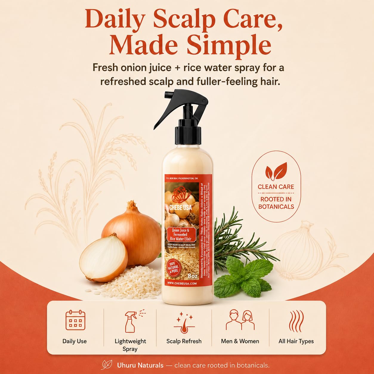 Fresh Onion Juice & Rice Water Hair Growth Spray with Rosemary & Mint (4 oz)– Strengthens Roots, Reduces Hair Fall, Promotes Thicker, Fuller Hair–Natural Scalp Treatment for Men & Women