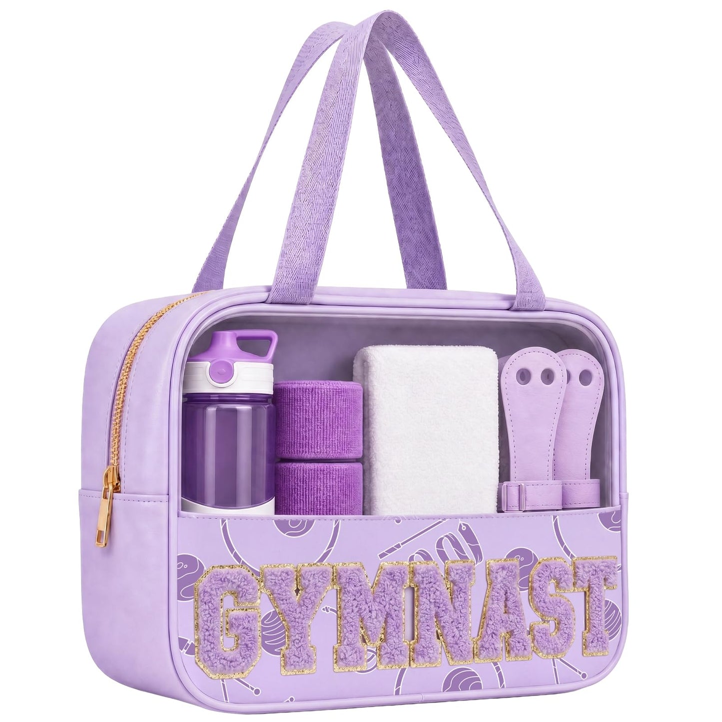 PPeen Gymnastics Makeup Bag for Girls, Clear Chenille Letter Cosmetic Pouch with Zipper, Portable Travel Toiletry Bag, Gymnastics Gift