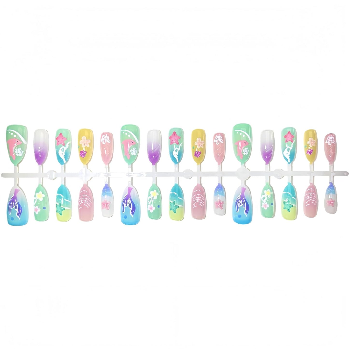 3D Handmade Press-On Nails - Summer Starfish Floral Design | Medium Almond Full Cover Ocean Theme