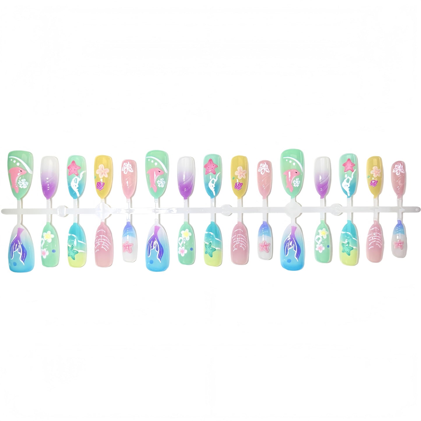 24Pcs 3D Handmade Summer Starfish Flower Press On Nails Medium Almond Fake Nails Floral Starfish Fishtail Dolphin Design Full Cover Stick on Nails Ocean Theme Gradient French Glue on Nails for Women