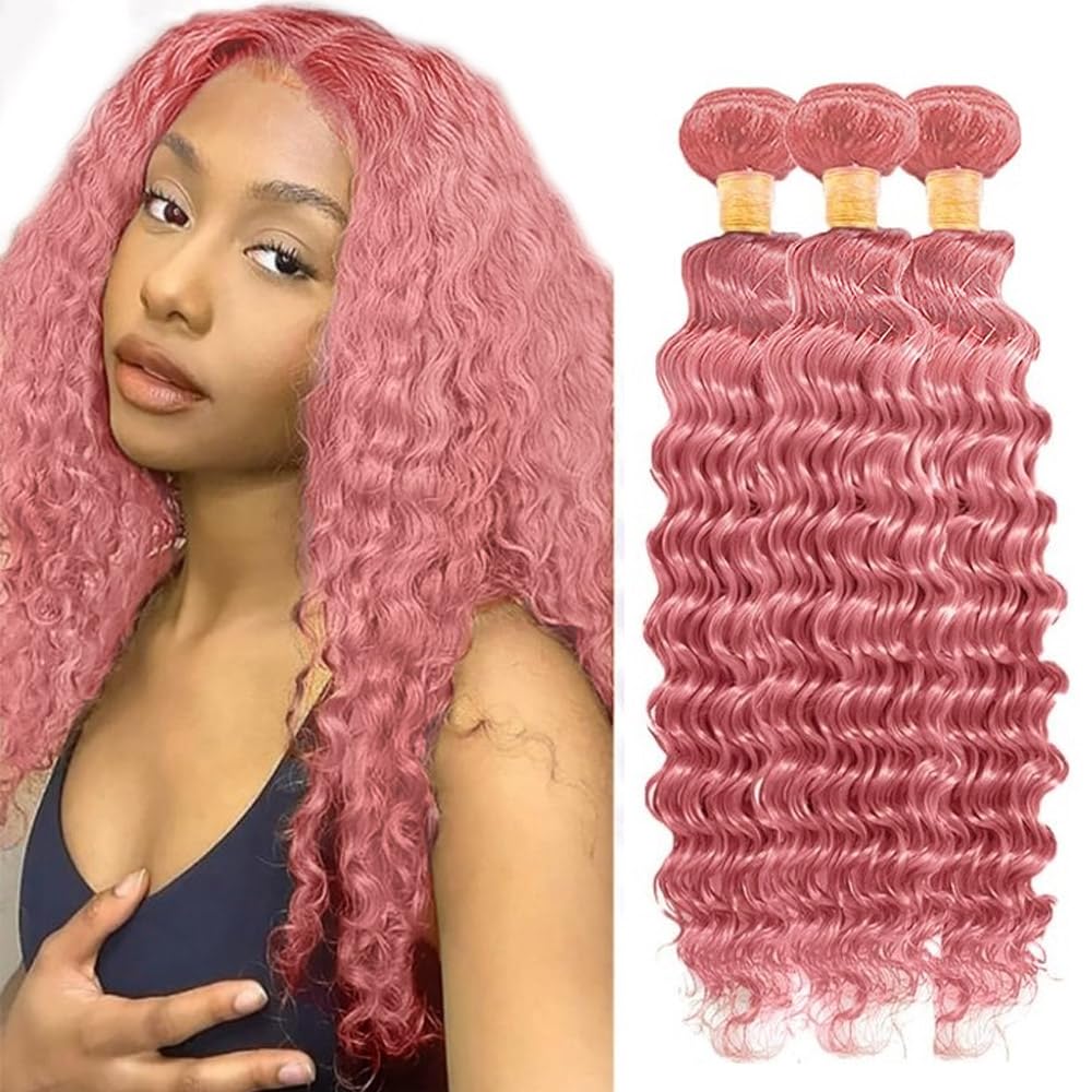 Pink Bundles Human Hair Deep Wave Bundles 22 24 26 Inch Unprocessed Brazilian Virgin Hair 3 Bundle Deals Quick Weave Hair Extensions 50 Gram Per Bundle