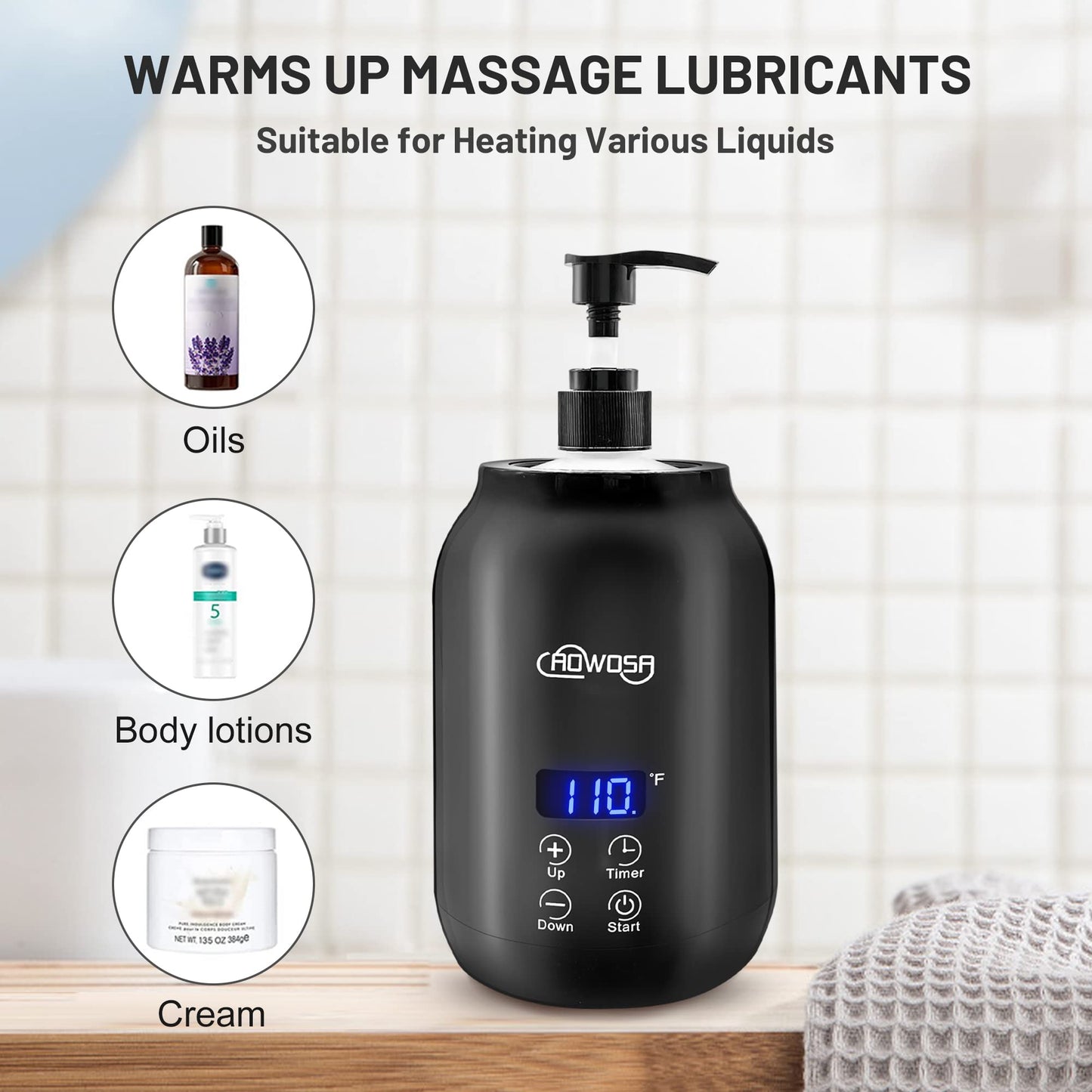 Massage Oil Warmer Bottle Professional Electric Lotion Digital Heater for SPA, Automatic Lotion Cream Oil Warmer Heated for Salon, Barber Shops, Home, with Two Bottle Dispenser (Black)