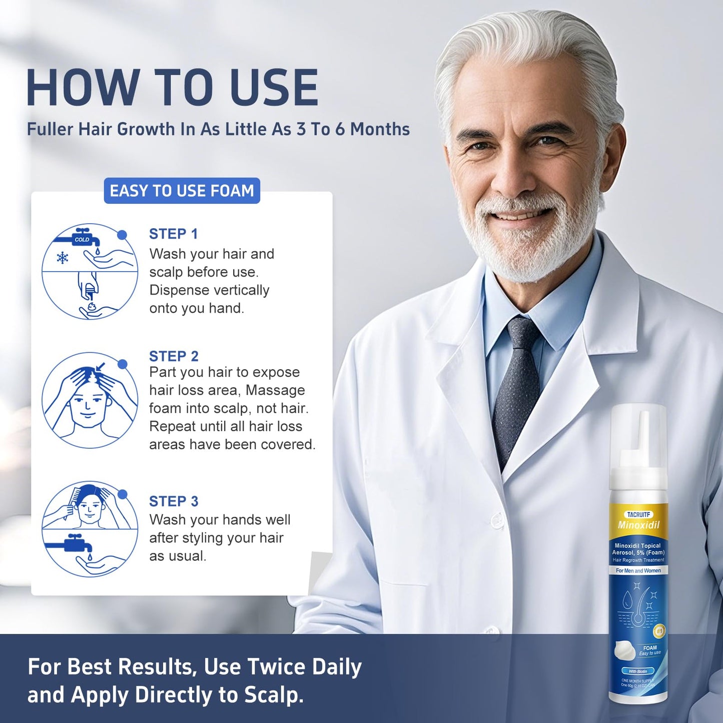 Minoxidil Foam, 5% Topical Minoxidil Foam, Infused with Biotin, Hair Growth Treatment, Minoxidil for Men and Women, Supports Thicker and Fuller Hair & Beard (4.22oz, 2 Month Supply)
