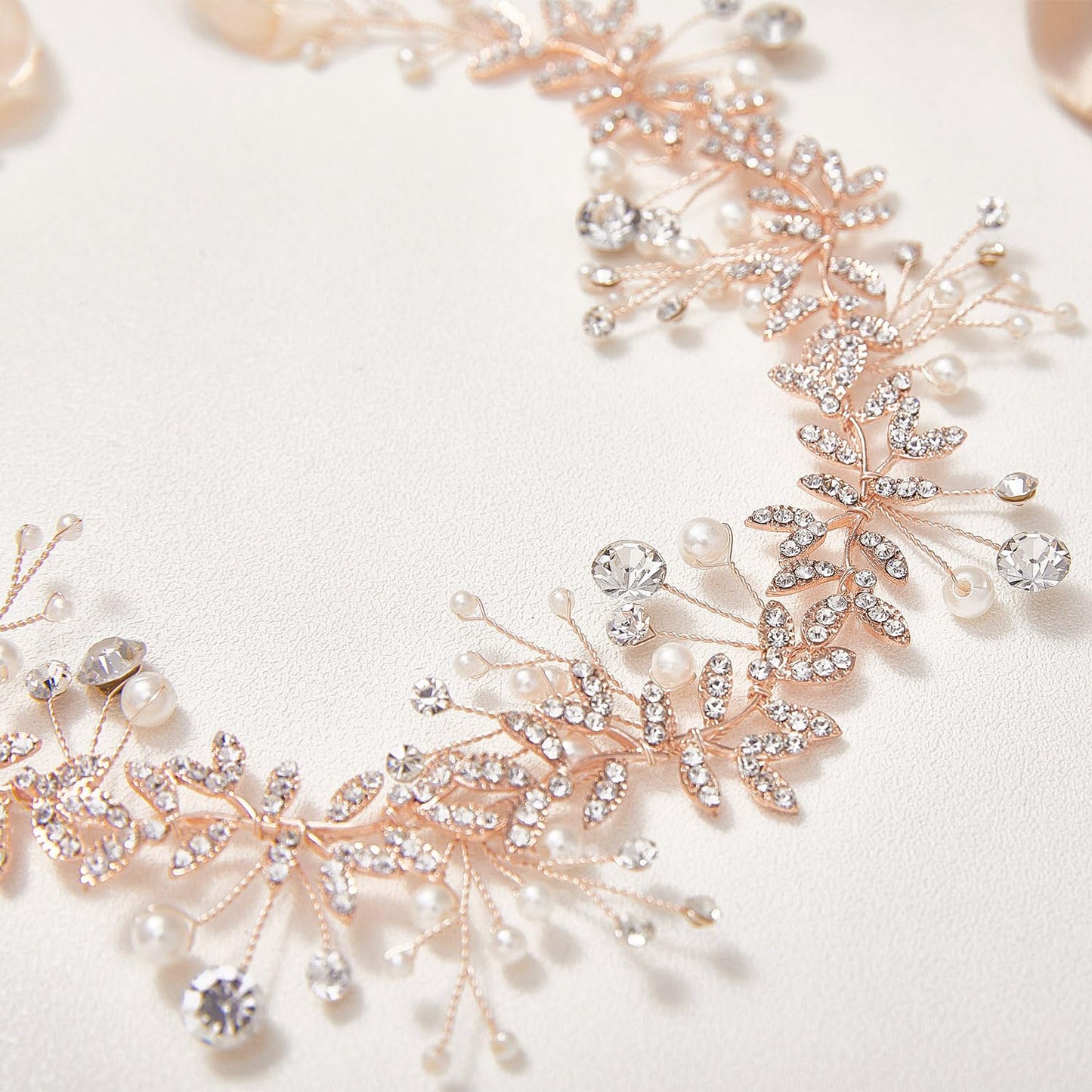 SWEETV Crystal Bridal Headpieces for Brides Rose Gold Wedding Hair Accessories Bride Headband Pearl Hair Vine Rhinestone Hair Pieces for Women