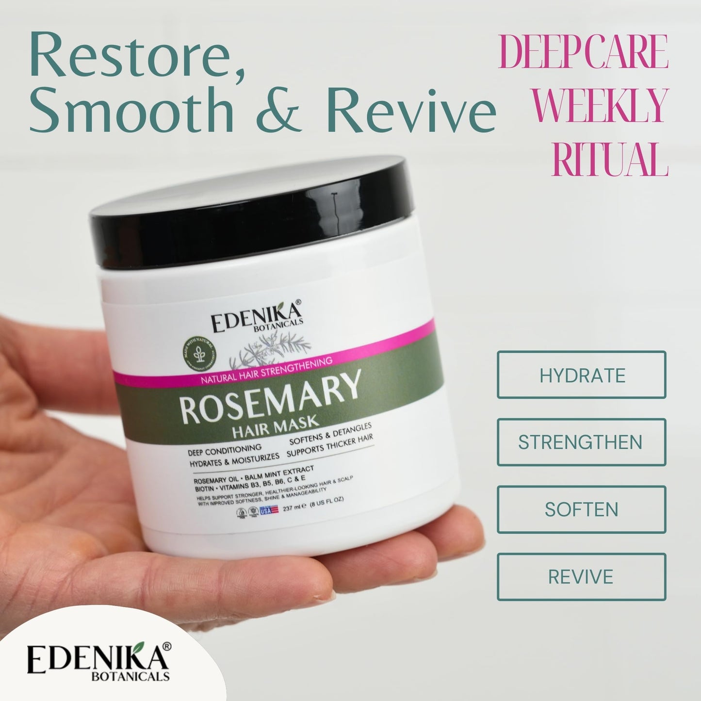 EDENIKA BOTANICALS Rosemary Hair Mask with Rosemary Oil & Biotin, Deep Conditioning Hair Treatment, Helps Strengthen Hair, Hydrates & Moisturizes, Supports Thicker-Looking Hair, Sulfate-Free