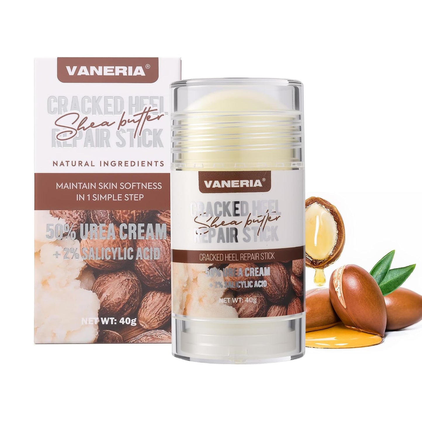 VANERIA 50% Urea Cream Stick - Cracked Heel Repair with 2% Salicylic Acid & Shea Butter | 40g Peach Scent