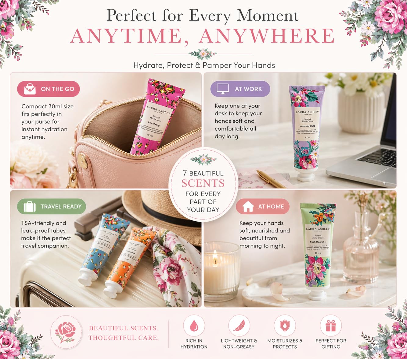 Laura Ashley Hand Cream Set | 7-Piece Moisturizing Lotion Collection for Dry Skin - Travel Size 30ml Each with Rose, Lavender & Floral Scents