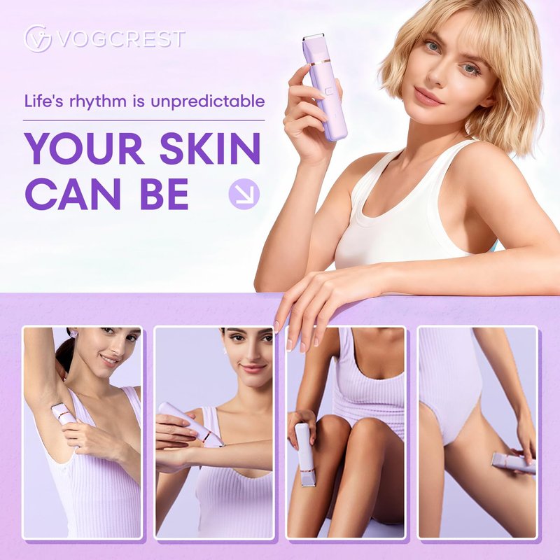 VG VOGCREST Bikini Trimmer for Women: 2-in-1 Painless Body Shaver for Underarm Leg Arm - Portable Travel Friendly Pubic Grooming Kit - Rechargeable Electric Razor with Charging Dock