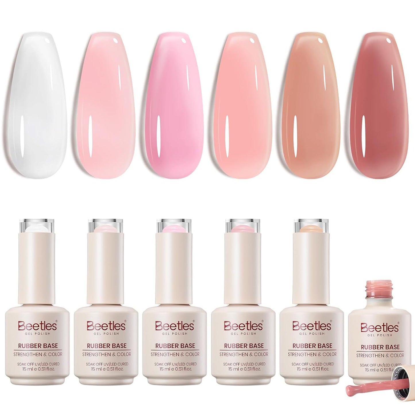 Beetles Base Color Gel Nail Polish Set - 6 Nude Shades | 5-in-1 Builder Rubber Base Coat for Strengthening Natural Nails