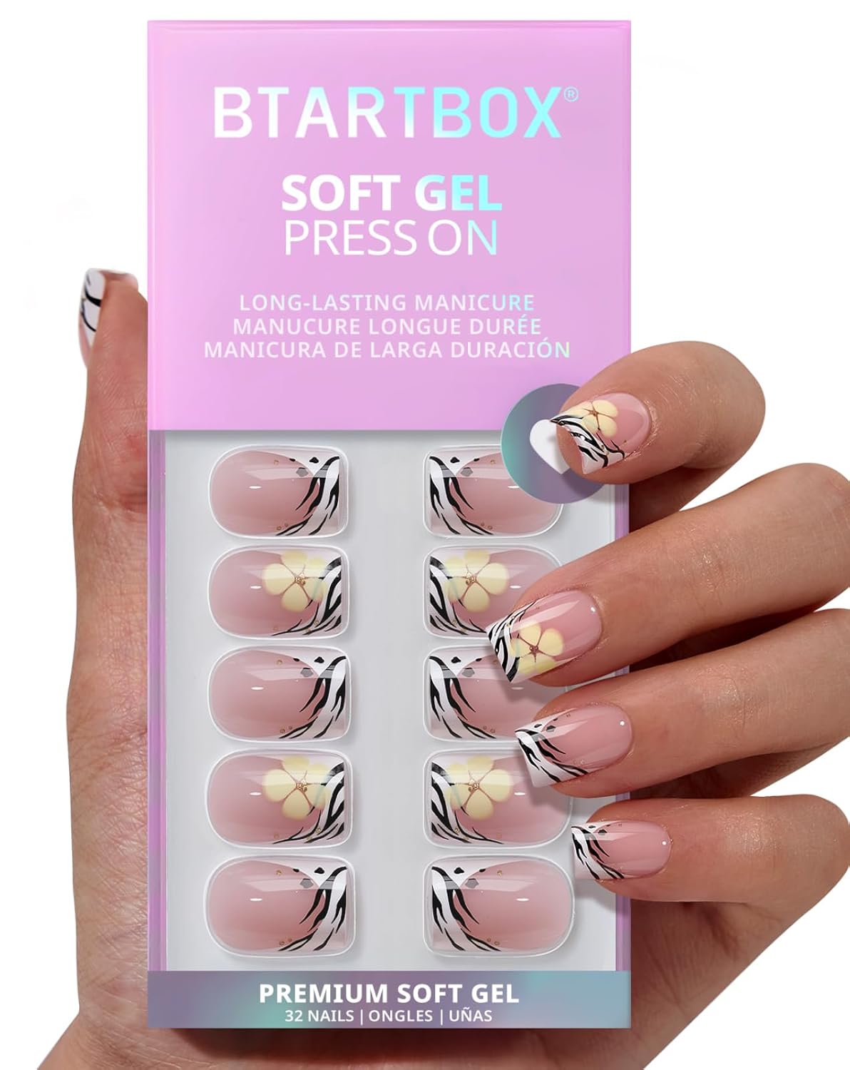 French Tip Press On Nails - Isle Plumeria | Easy-Apply Flower Short Square Design, 32 Nails in 16 Sizes