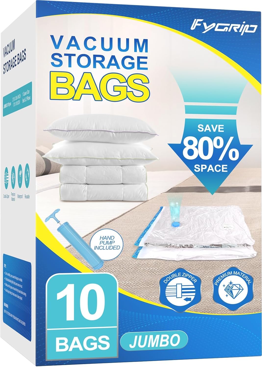 Fygrip Vacuum Storage Bags - Space-Saving Vacuum Seal Bags for Clothing & Travel | 20 Combo with Hand Pump