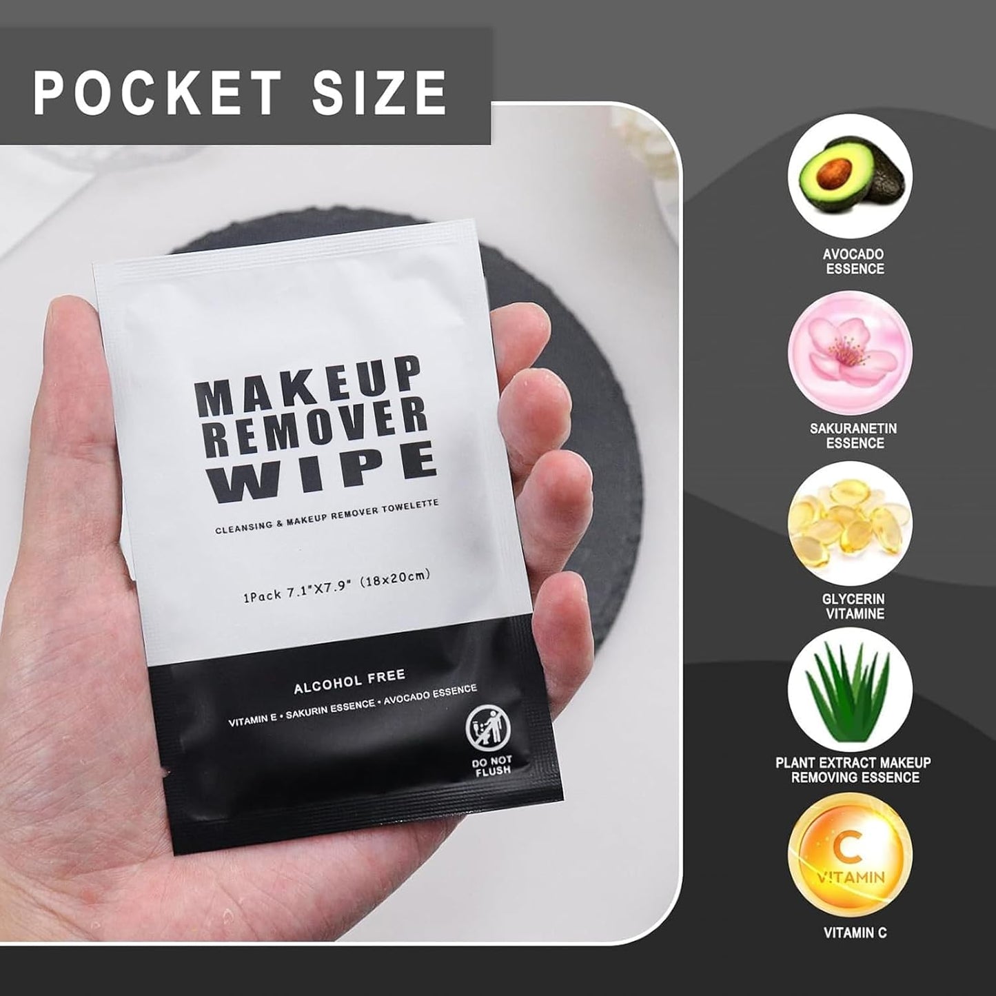 Makeup Remover Wipes - Bulk Individually Wrapped Cleansing Pads for Mascara & Lipstick | Travel Size - Black