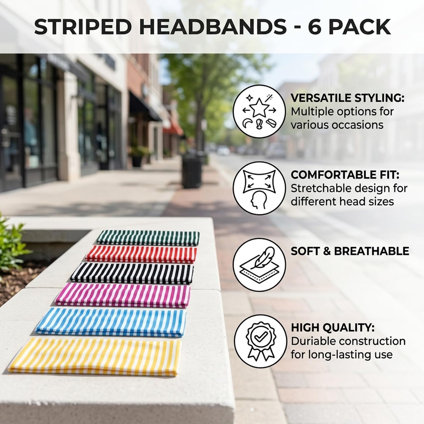 Kauvysaq Striped Headbands, Headbands for Women, Six Piece Striped Hair Bands for Womens Hair, Polyester Hair Accessories Set, Stretchable Hair Bands for Daily Use and Sports Activities