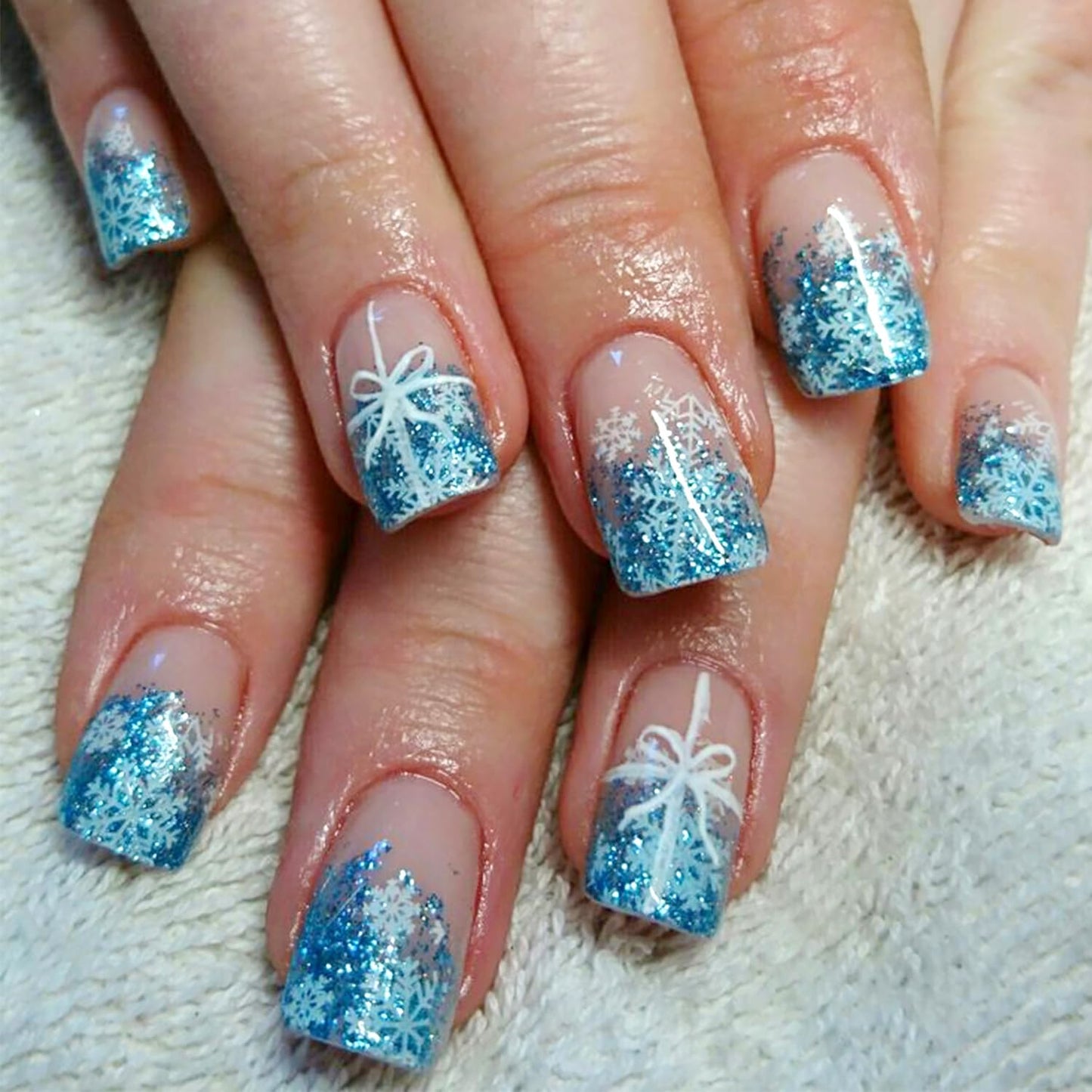 French Tip Press-On Nails - 24 Pcs Medium Almond with 3D Flower & Gold Rhinestones | Full Cover Nude Artificial Nails