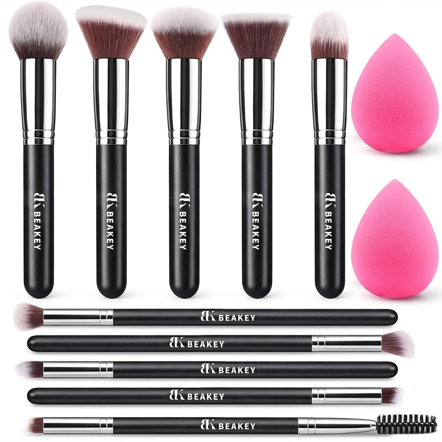BEAKEY Makeup Brushes Set - Professional Foundation, Eyeshadow & Blush Applicators with 2 Blender Sponges | Beauty Paper Case