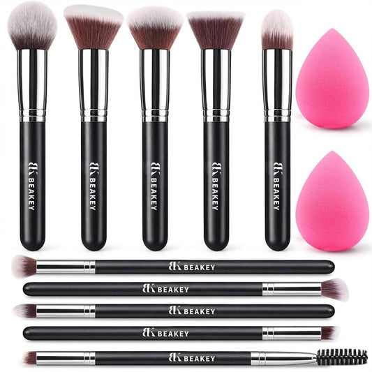 BEAKEY Makeup Brushes Set - Professional Foundation, Eyeshadow & Blush Applicators with 2 Blender Sponges | Beauty Paper Case