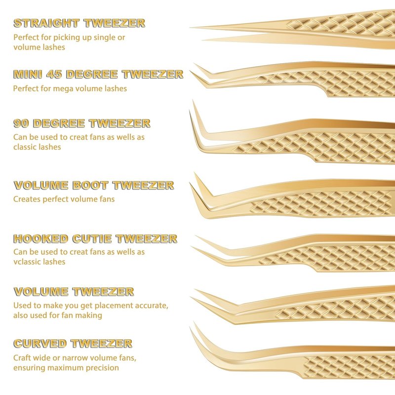 Eyelash Tweezers for Lash Extensions (Set of 7), Professional Lash Extension Tweezers Kit, Lash Tweezers for Mega Volume, Isolation & Classic False Lashes, Lash Artist Supplies